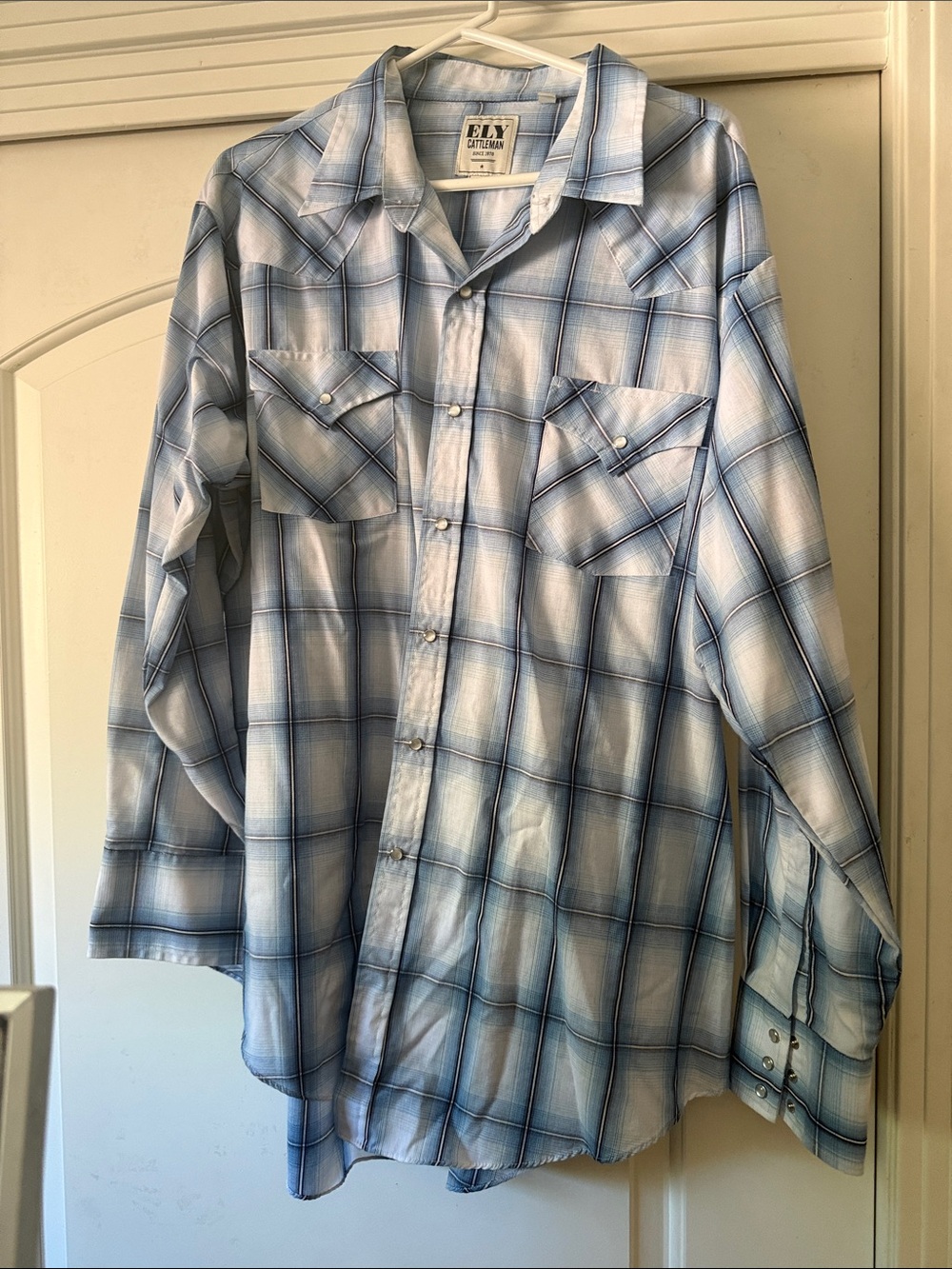 Ely Cattleman Light Blue Plaid Western Snap Shirt